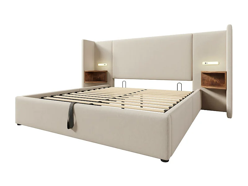 Kaffeebett 160x200 cm in Leinenstoff, Nachttisch, Leselampe und USB/Typ-C-Lastanschlüsse, Beige, Beige, Beige