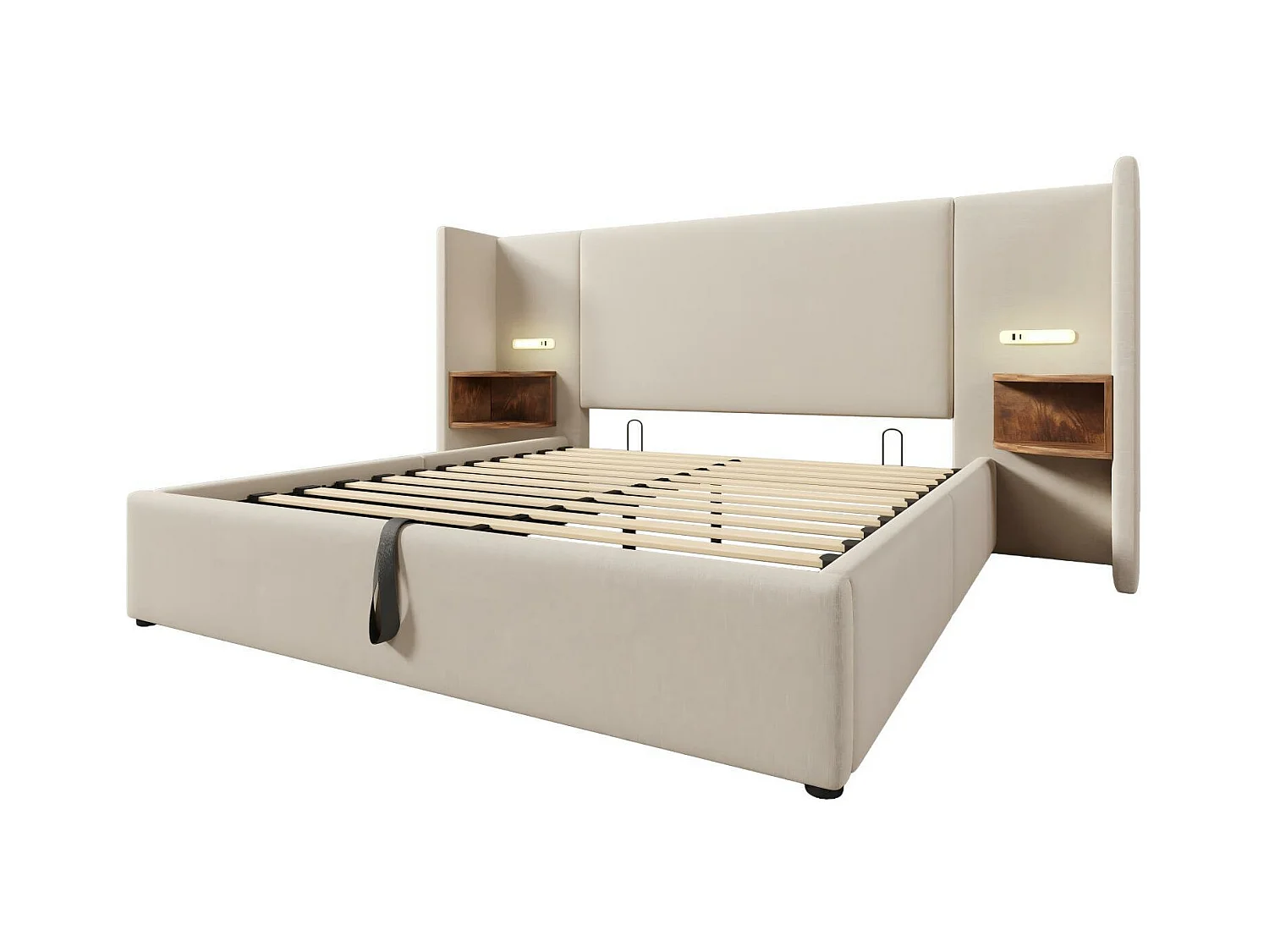 Letto di caffè 160x200 cm in tessuto di lino, con comodino, lampada di lettura e porte di carico USB/tipo C, beige, beige