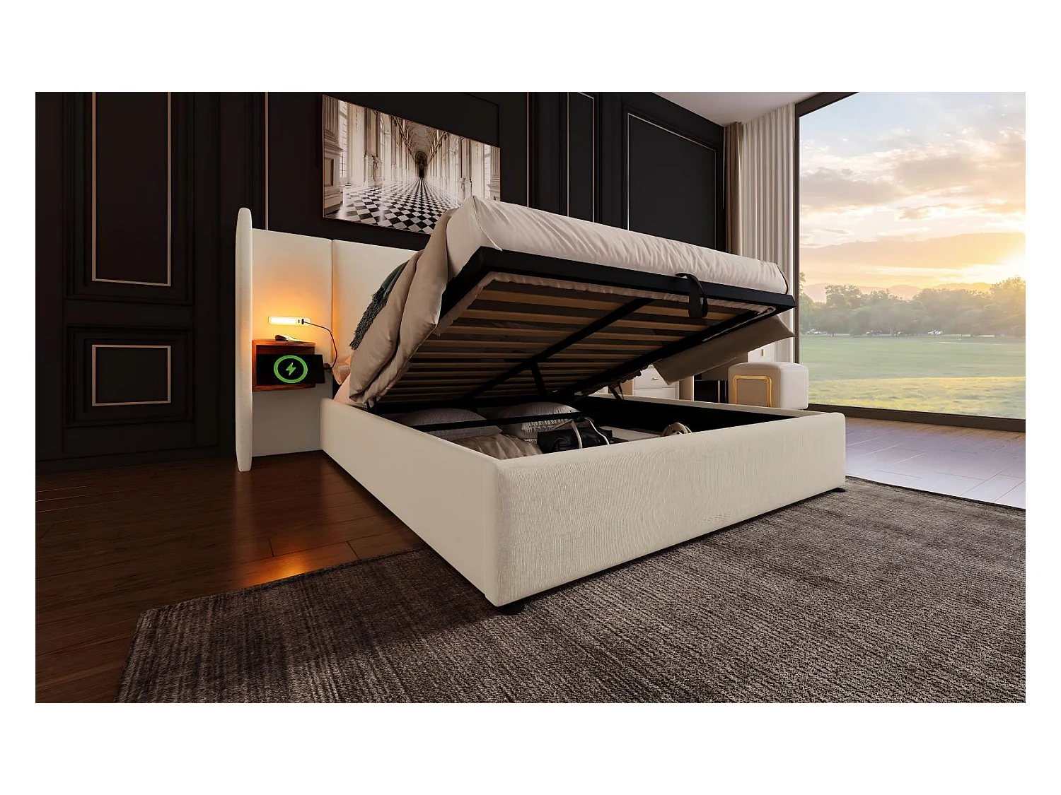 Letto di caffè 160x200 cm in tessuto di lino, con comodino, lampada di lettura e porte di carico USB/tipo C, beige, beige