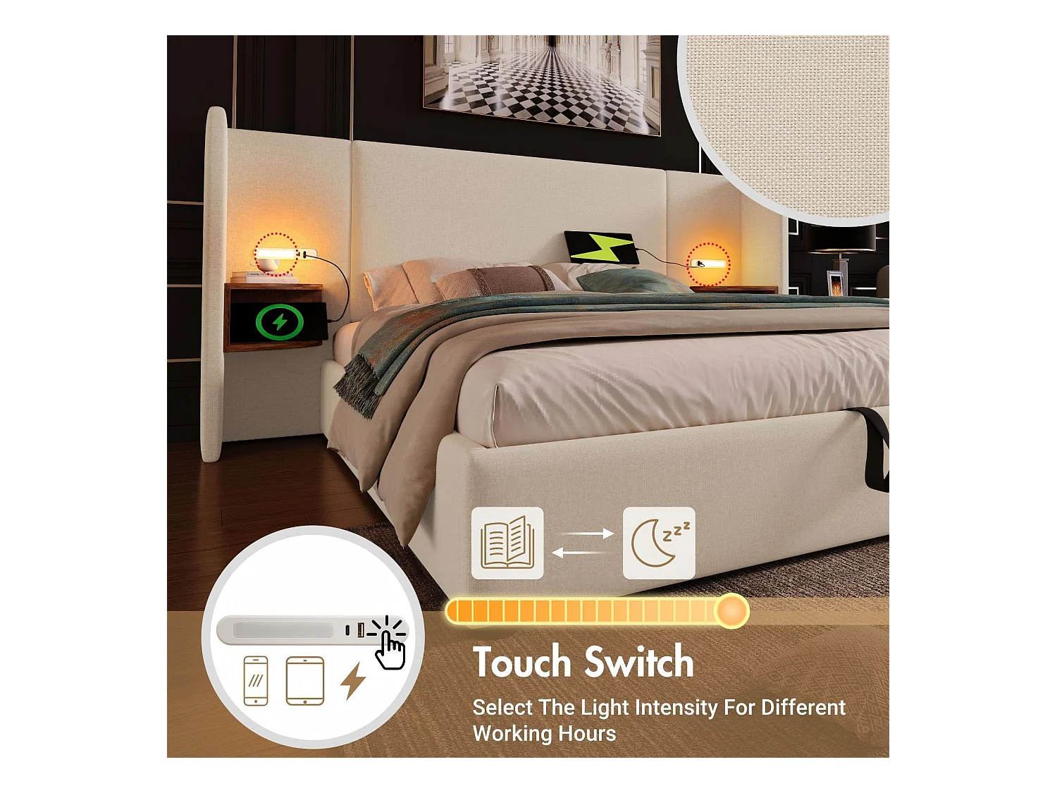 Letto di caffè 160x200 cm in tessuto di lino, con comodino, lampada di lettura e porte di carico USB/tipo C, beige, beige