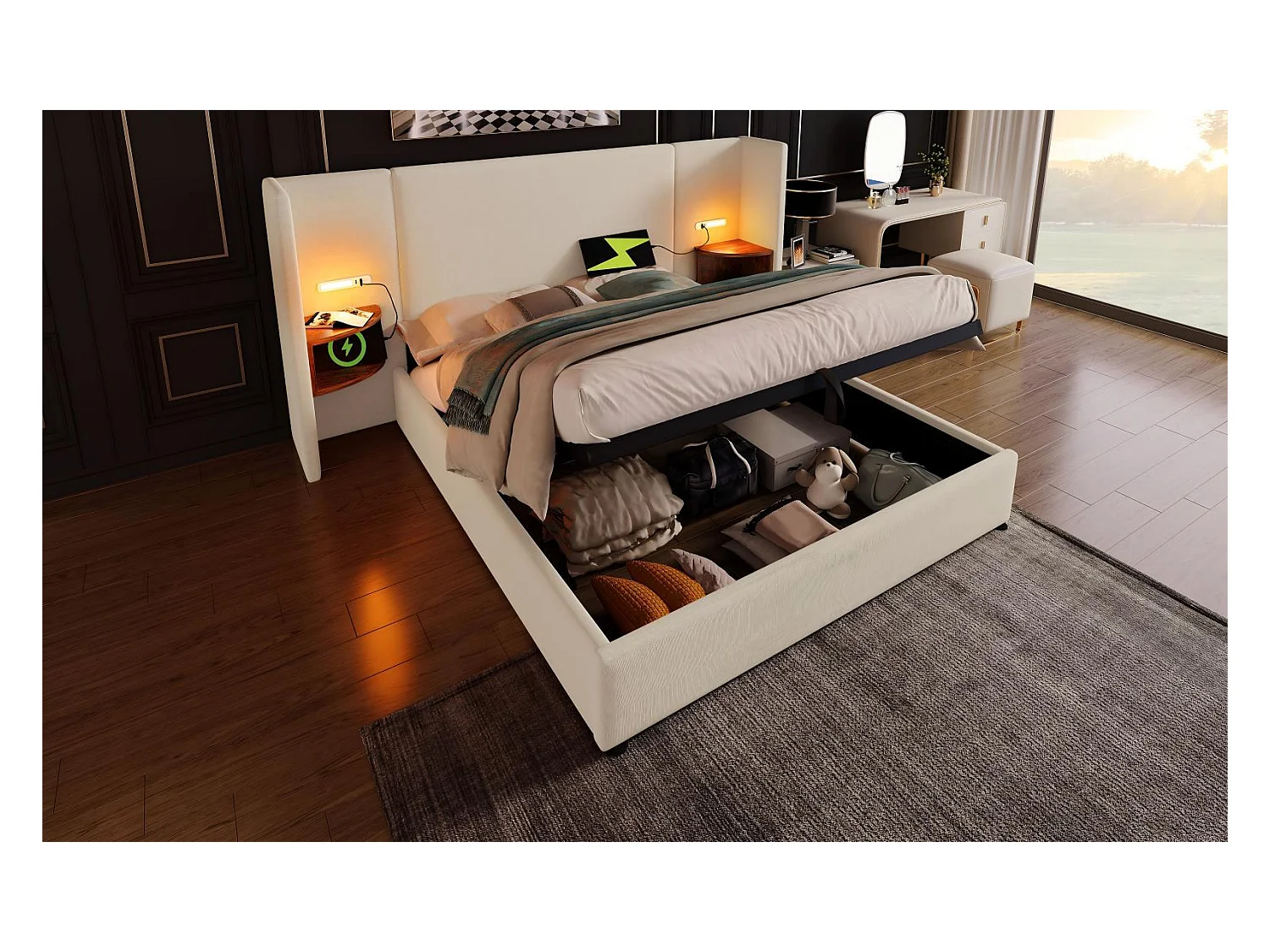 Lit coffre 160x200cm en tissu lin, avec table de chevet, lampe de lecture et ports de charge USB/Type-C, Beige