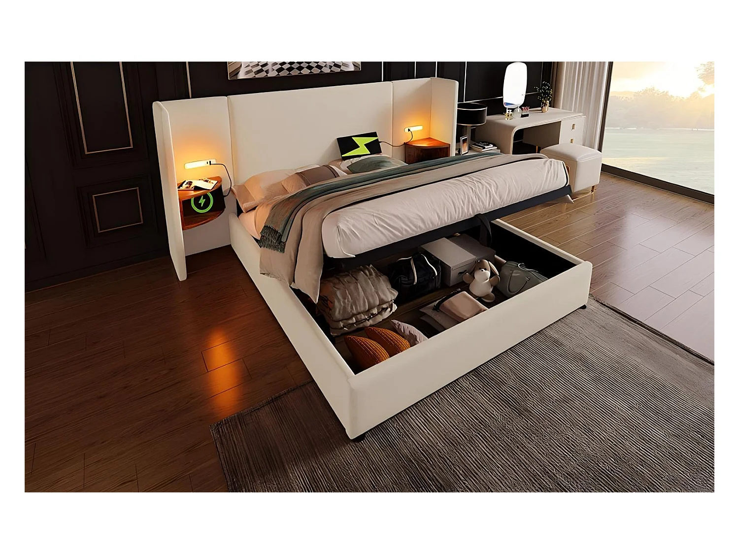 Lit coffre 160x200cm en tissu lin, avec table de chevet, lampe de lecture et ports de charge USB/Type-C, Beige