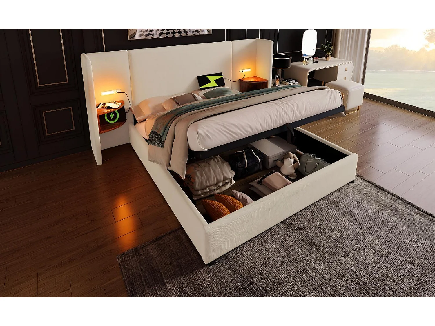 Lit coffre 160x200cm en tissu lin, avec table de chevet, lampe de lecture et ports de charge USB/Type-C, Beige