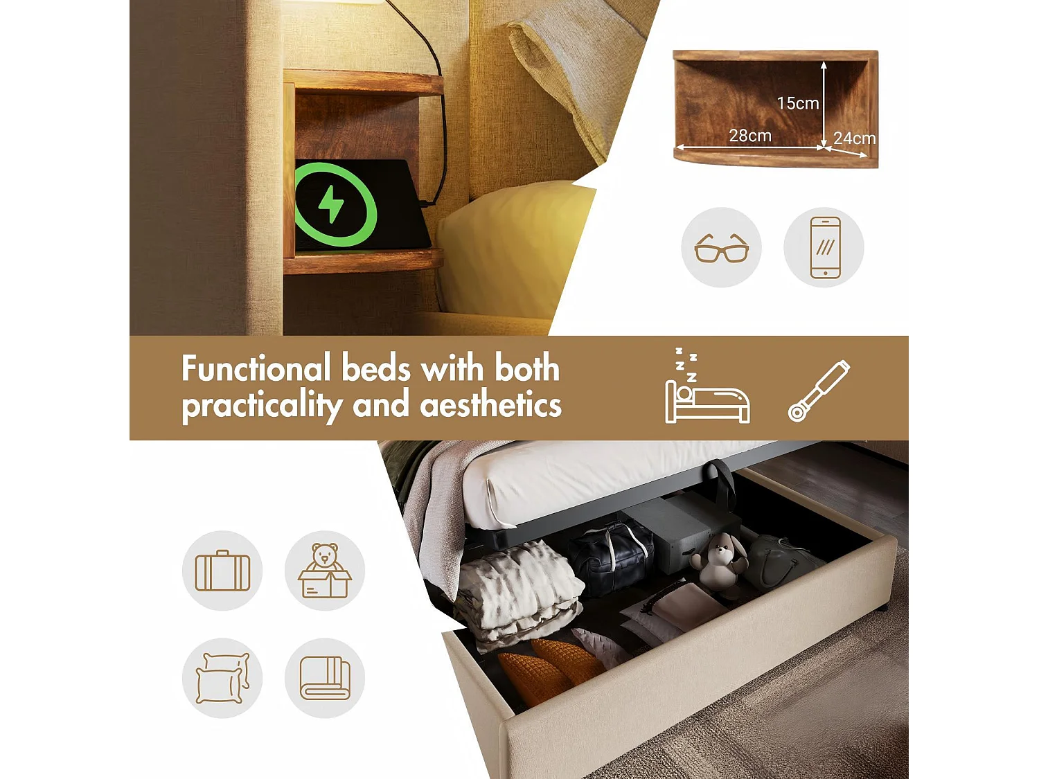 Lit coffre 160x200cm en tissu lin, avec table de chevet, lampe de lecture et ports de charge USB/Type-C, Beige