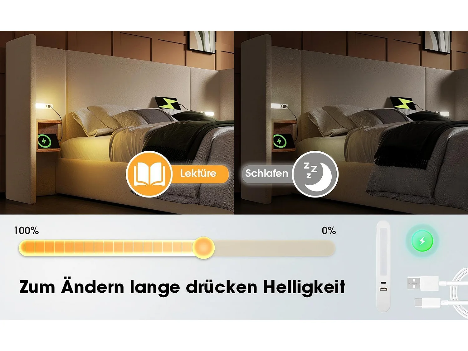 Lit coffre 160x200cm en tissu lin, avec table de chevet, lampe de lecture et ports de charge USB/Type-C, Beige