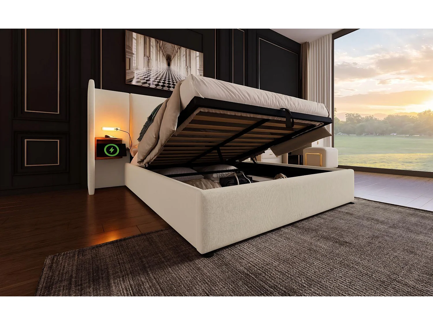 Lit coffre 160x200cm en tissu lin, avec table de chevet, lampe de lecture et ports de charge USB/Type-C, Beige