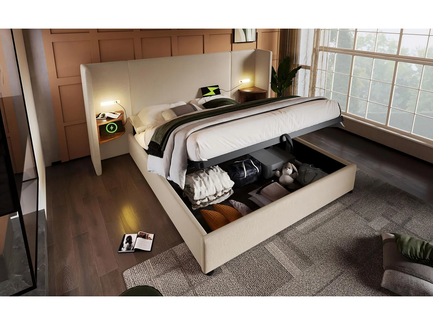 Lit coffre 160x200cm en tissu lin, avec table de chevet, lampe de lecture et ports de charge USB/Type-C, Beige
