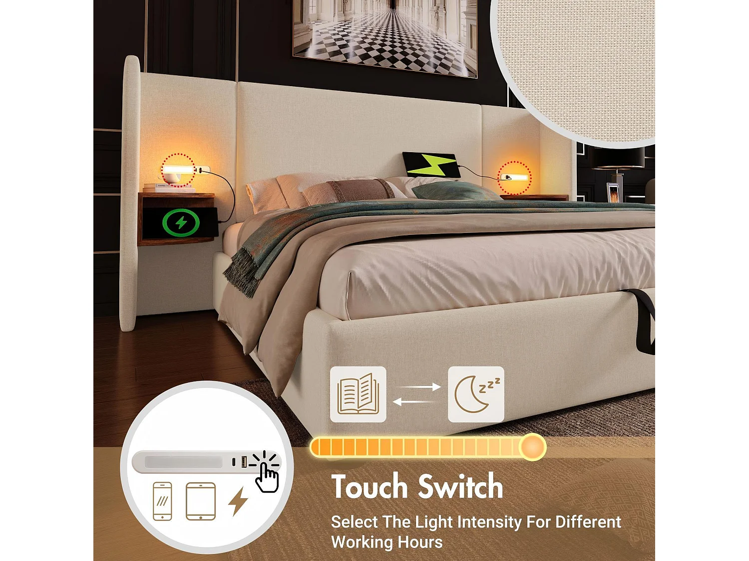 Lit coffre 160x200cm en tissu lin, avec table de chevet, lampe de lecture et ports de charge USB/Type-C, Beige