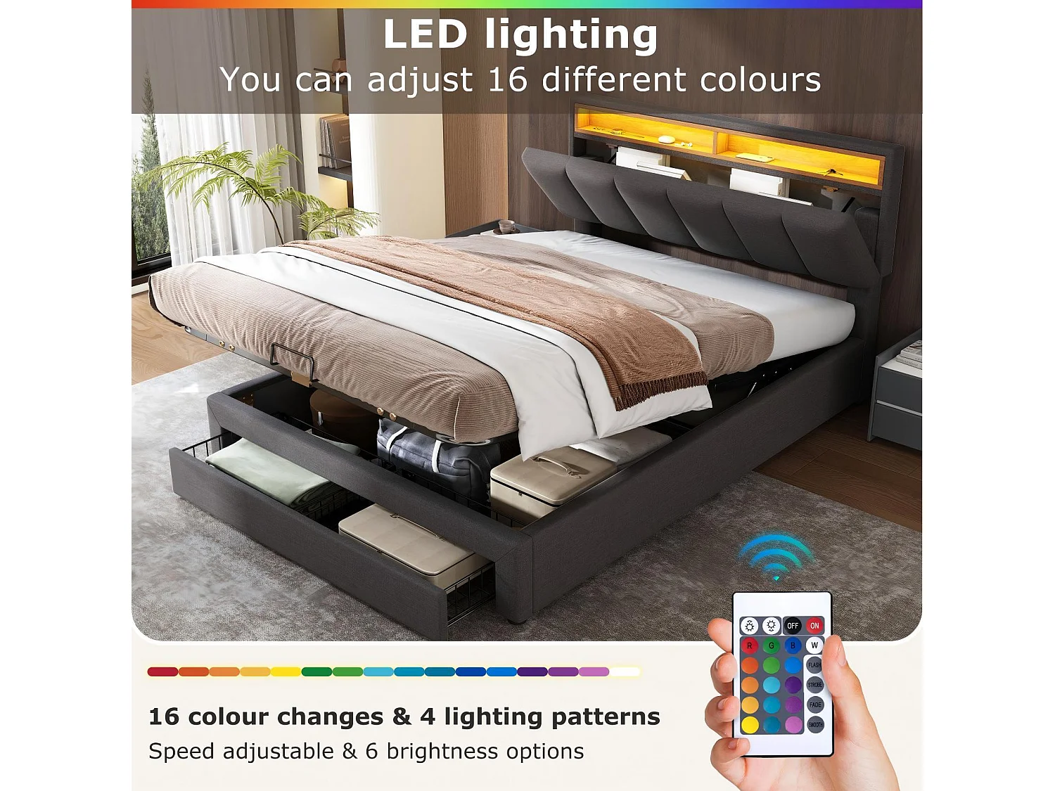 Opbergbed 140x200cm in Linnen Grijs, met LED en opbergbaar hoofdeinde, hydraulische bedbox