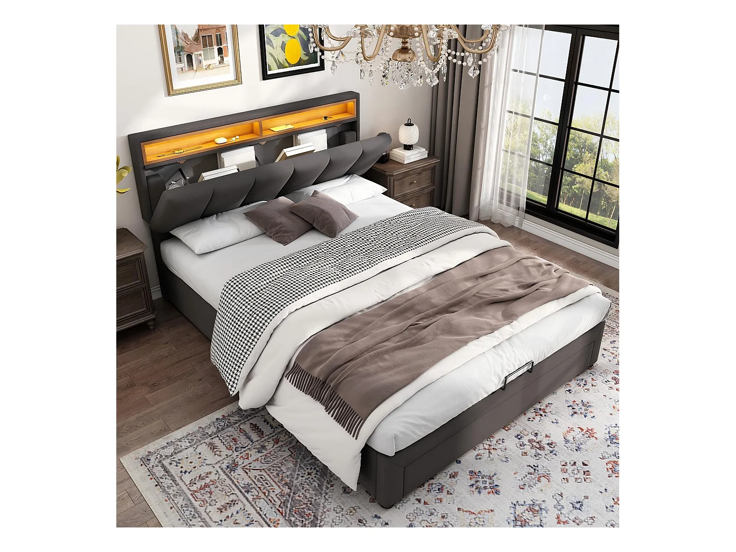 Lit coffre 140x200cm en lin Gris, avec LED et tête de lit rangeable, boîte de lit hydraulique