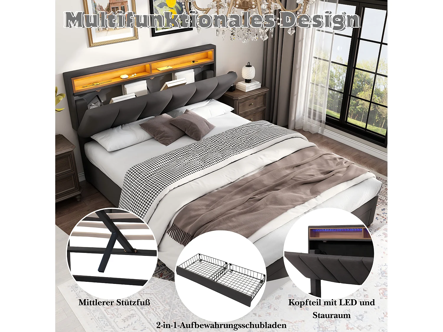 Lit coffre 140x200cm en lin Gris, avec LED et tête de lit rangeable, boîte de lit hydraulique