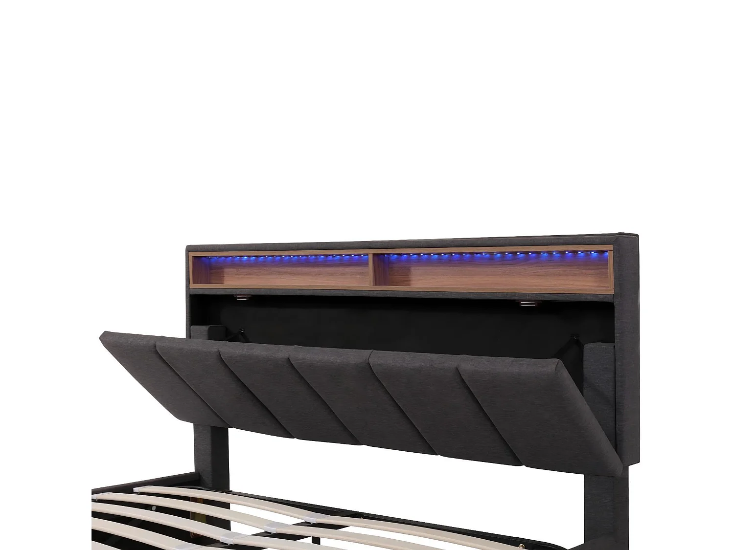 Lit coffre 140x200cm en lin Gris, avec LED et tête de lit rangeable, boîte de lit hydraulique