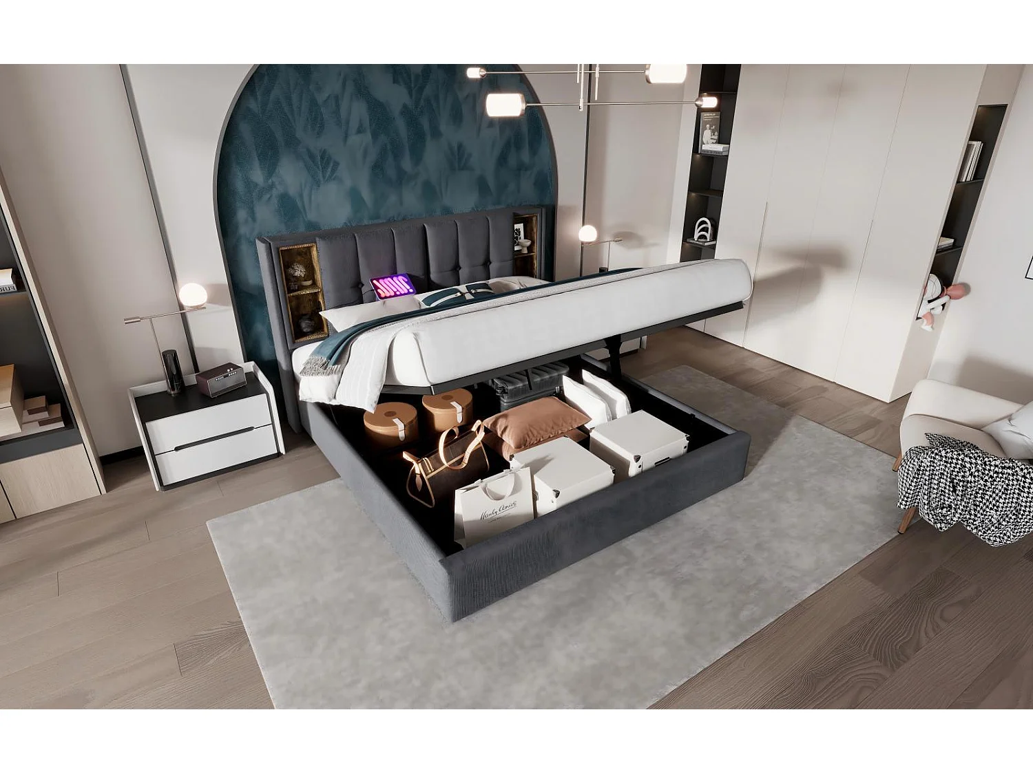 Baumwoll gepolsterte Brust 2 Platz, 140x200 cm, mit USB -WLAN -Ladung und 4 Schubladen, grau