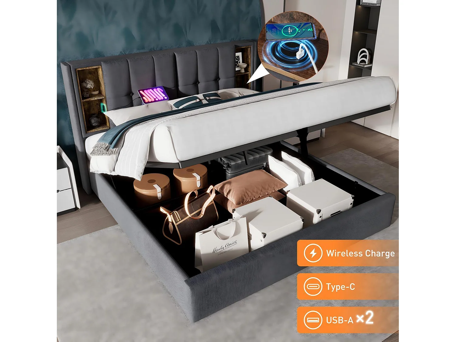 Baumwoll gepolsterte Brust 2 Platz, 140x200 cm, mit USB -WLAN -Ladung und 4 Schubladen, grau