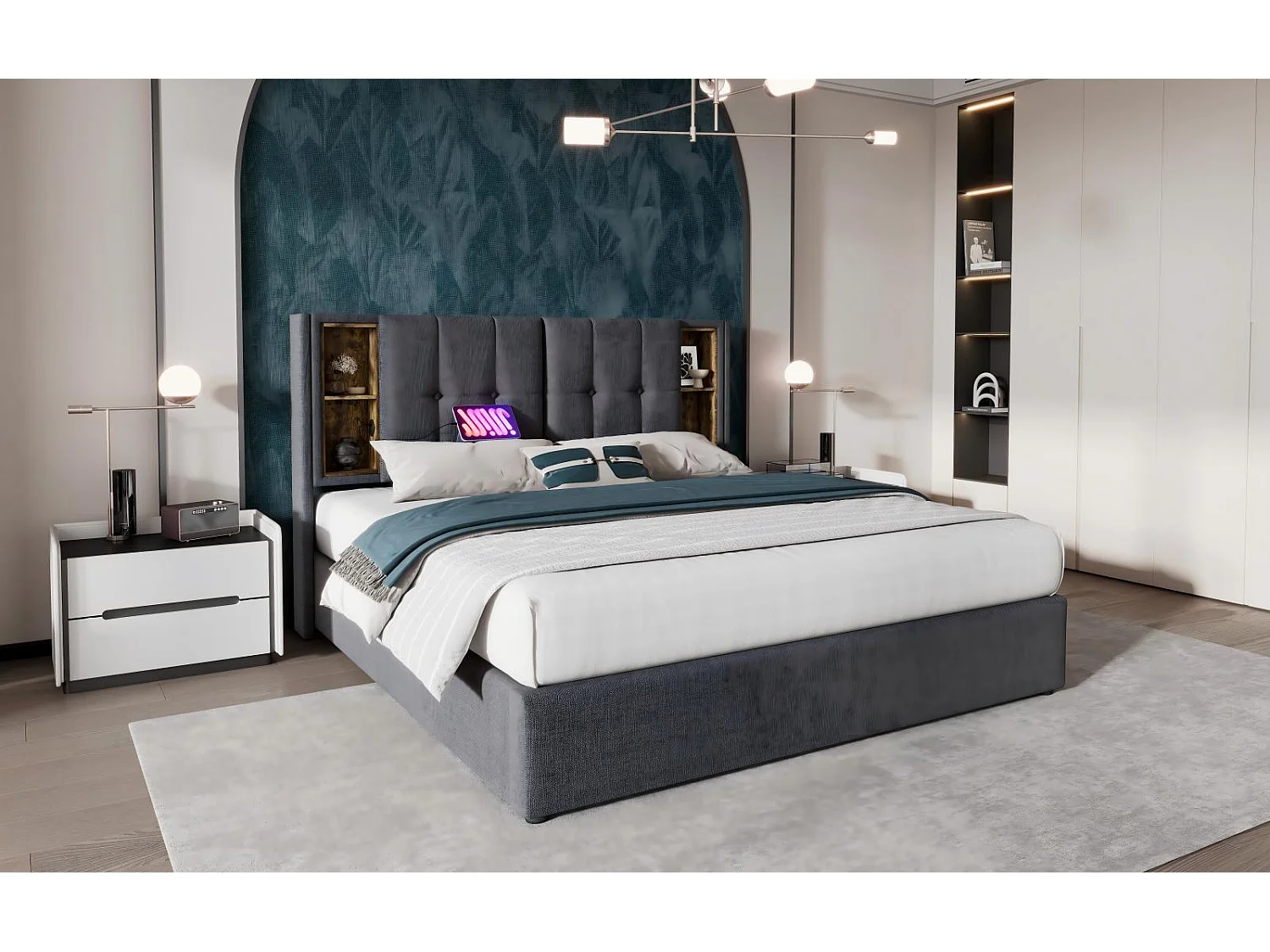 Baumwoll gepolsterte Brust 2 Platz, 140x200 cm, mit USB -WLAN -Ladung und 4 Schubladen, grau