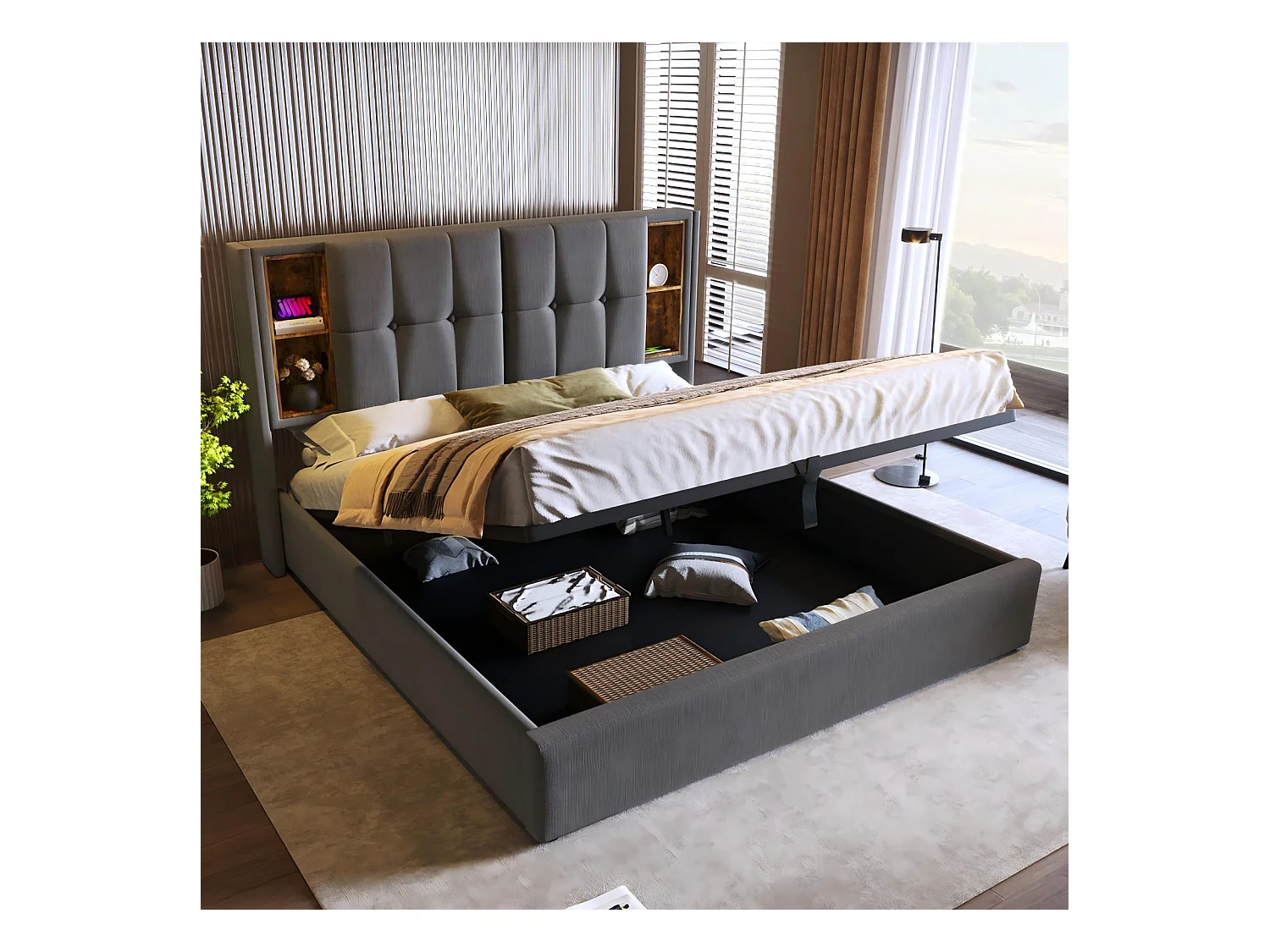 Lit coffre rembourré en coton 2 place, 140x200cm, avec charge sans fil USB et 4 tiroirs, Gris