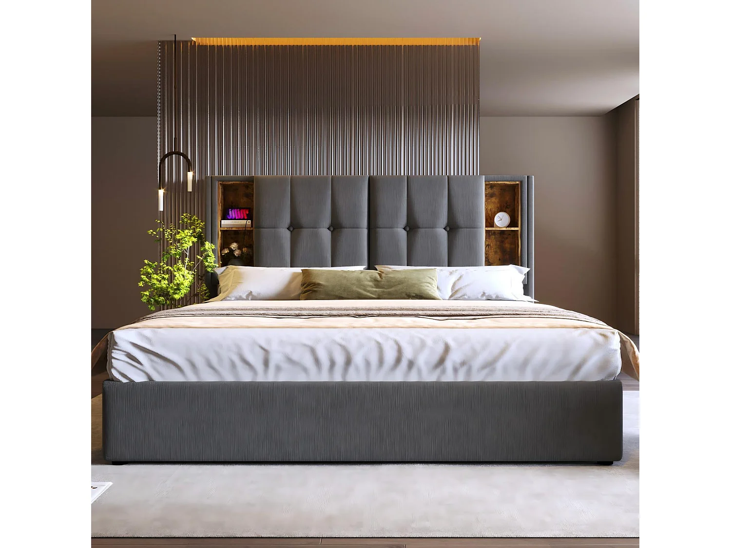 Cassa imbottita di cotone 2 posto, 140x200 cm, con carico wireless USB e 4 cassetti, grigio