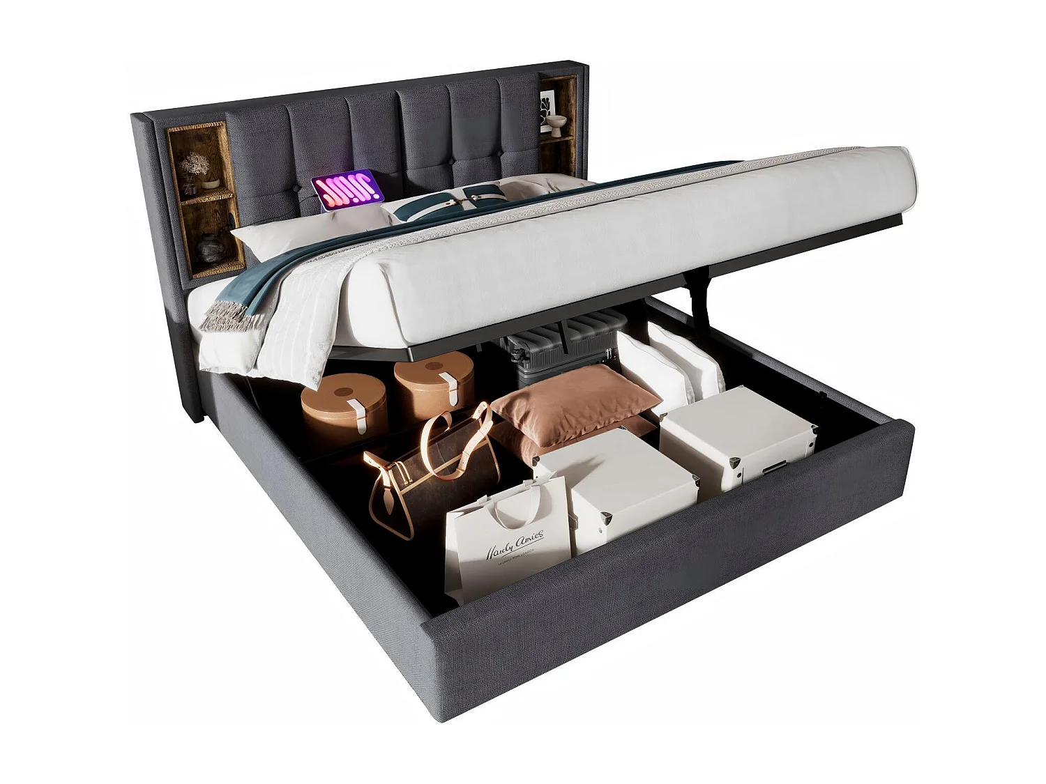 Cassa imbottita di cotone 2 posto, 140x200 cm, con carico wireless USB e 4 cassetti, grigio