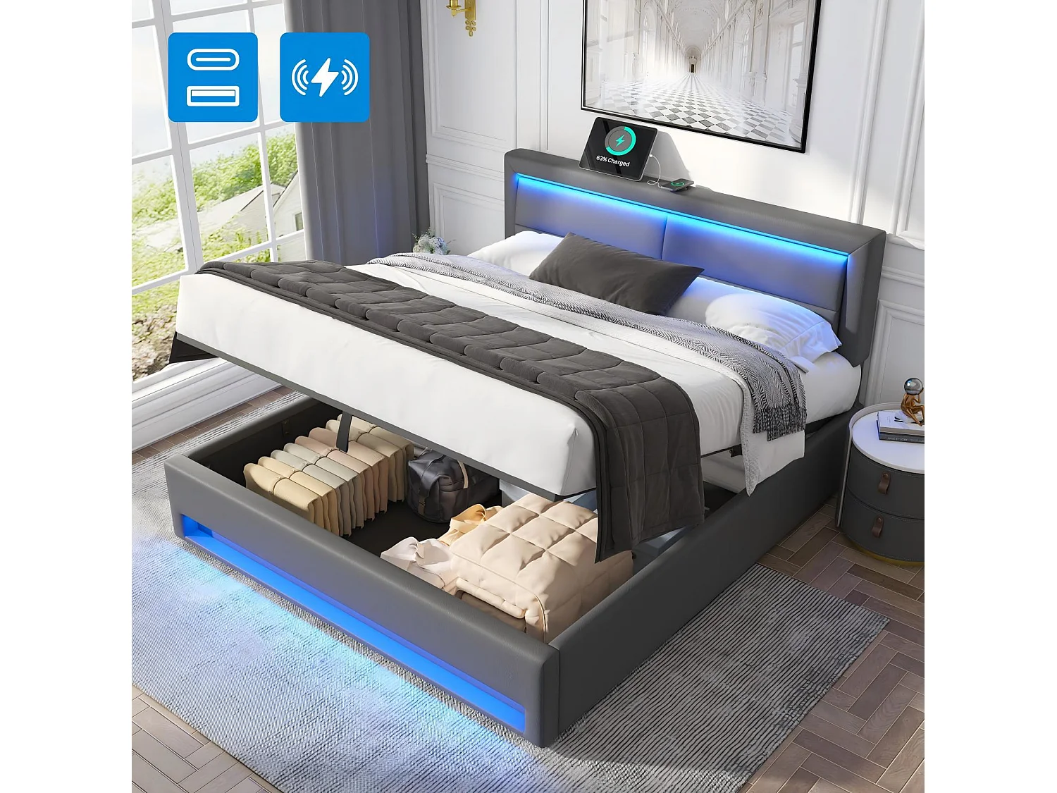 Gestoft opbergbed 160x200cm, met LED en USB/Type-C oplaadpoort, draadloos opladen, lattenbodem, Grijs