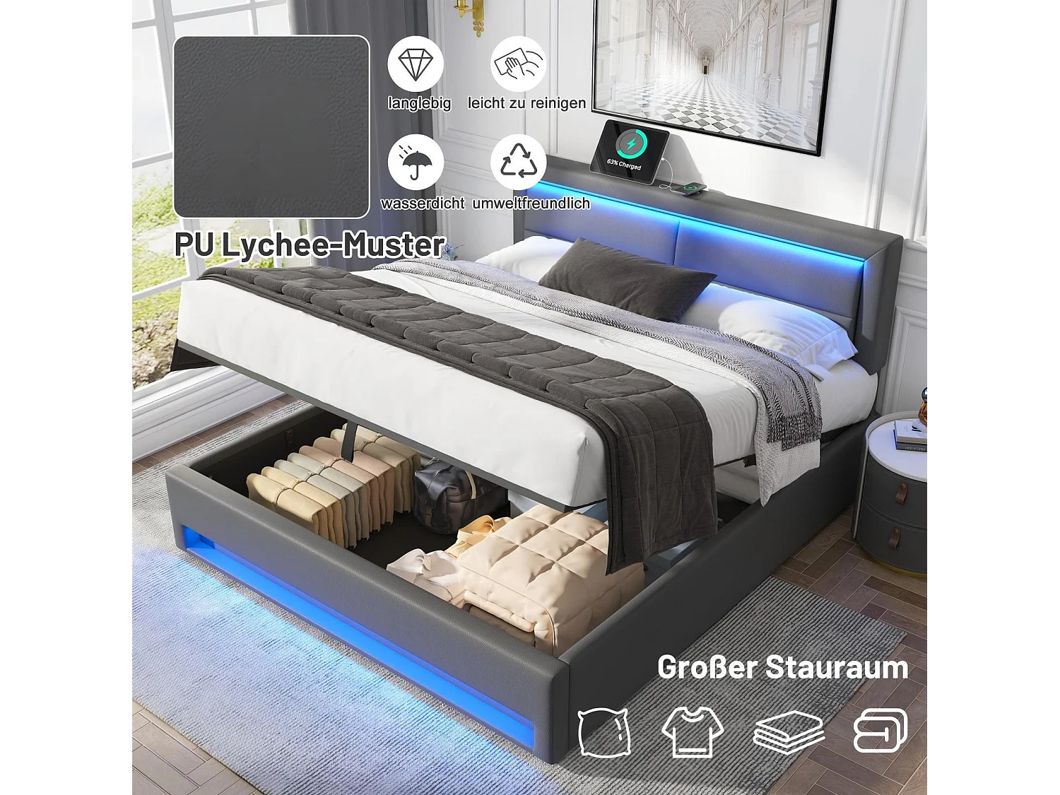 Gestoft opbergbed 160x200cm, met LED en USB/Type-C oplaadpoort, draadloos opladen, lattenbodem, Grijs