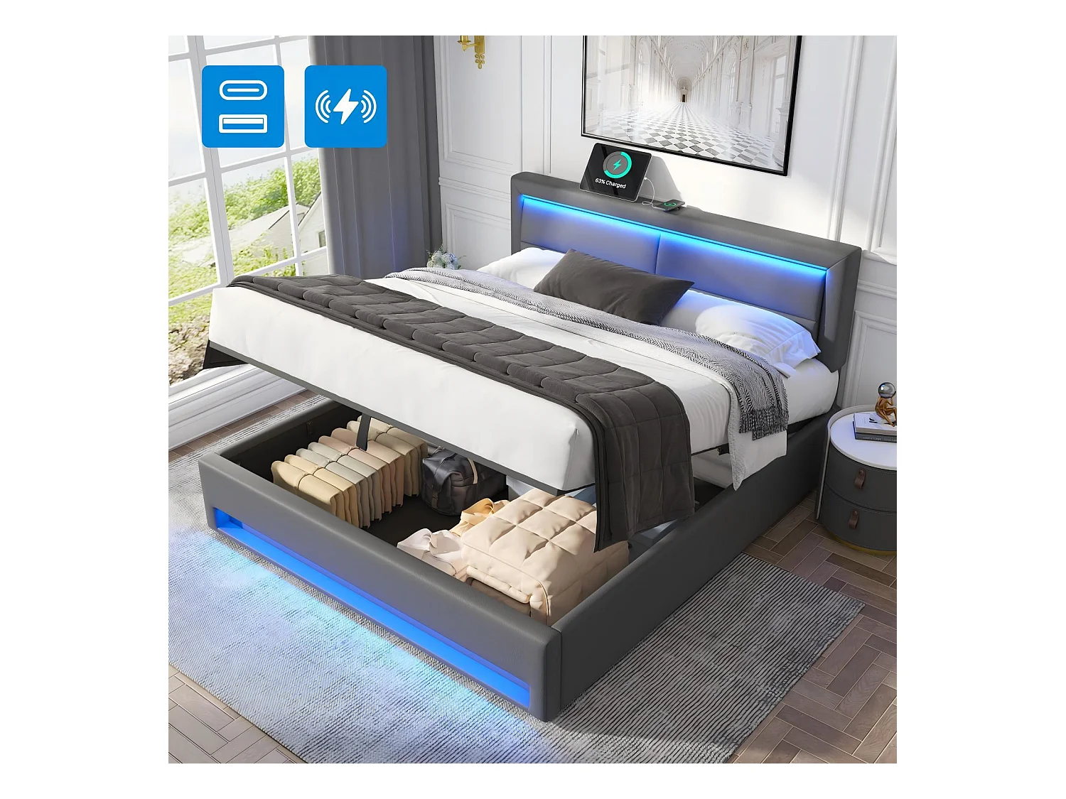 Lit coffre rembourré 160x200cm, avec LED et Port de charge USB/Type-C, charge sans fil, sommier à lattes, Gris
