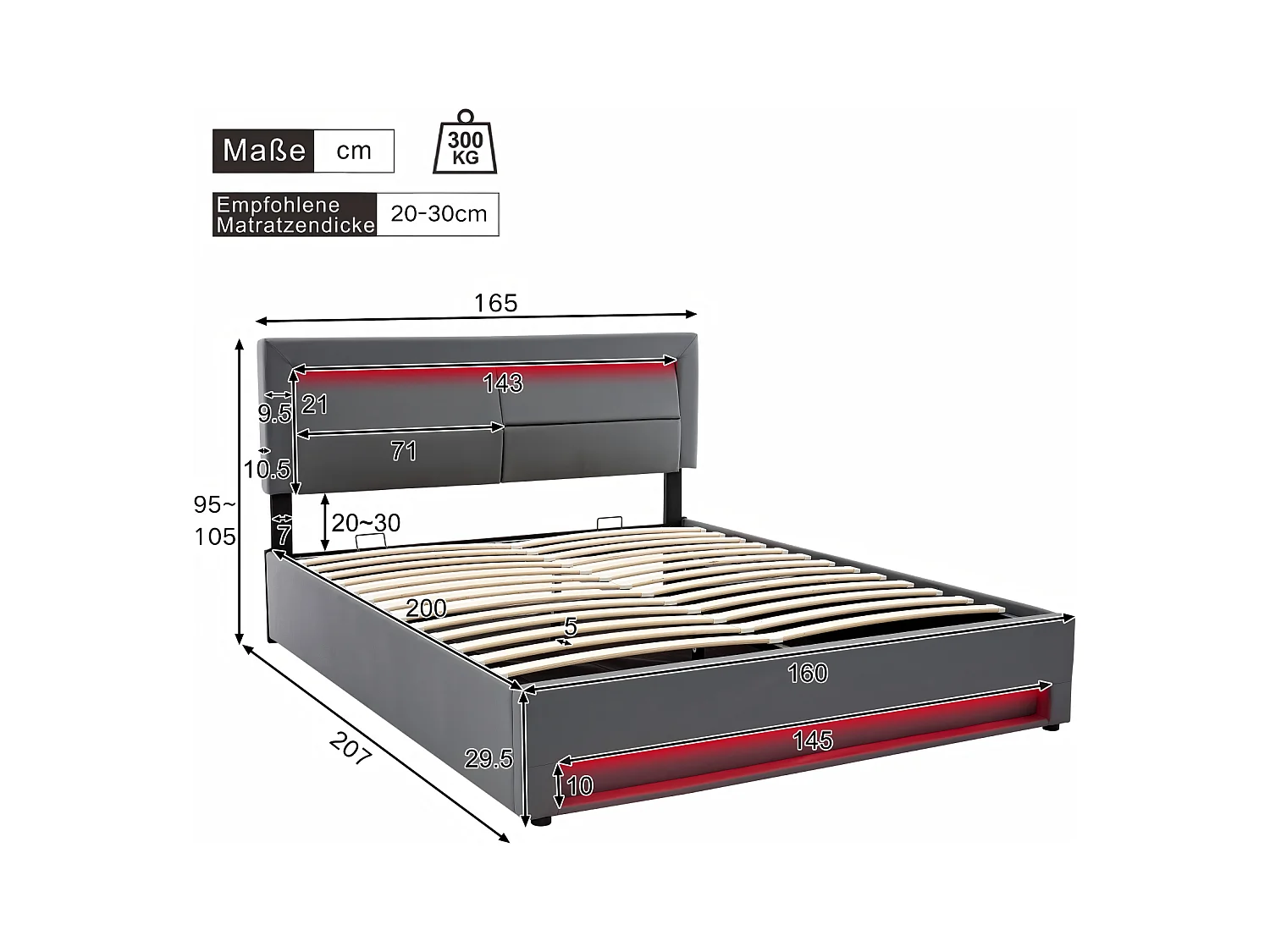 Lit coffre rembourré 160x200cm, avec LED et Port de charge USB/Type-C, charge sans fil, sommier à lattes, Gris