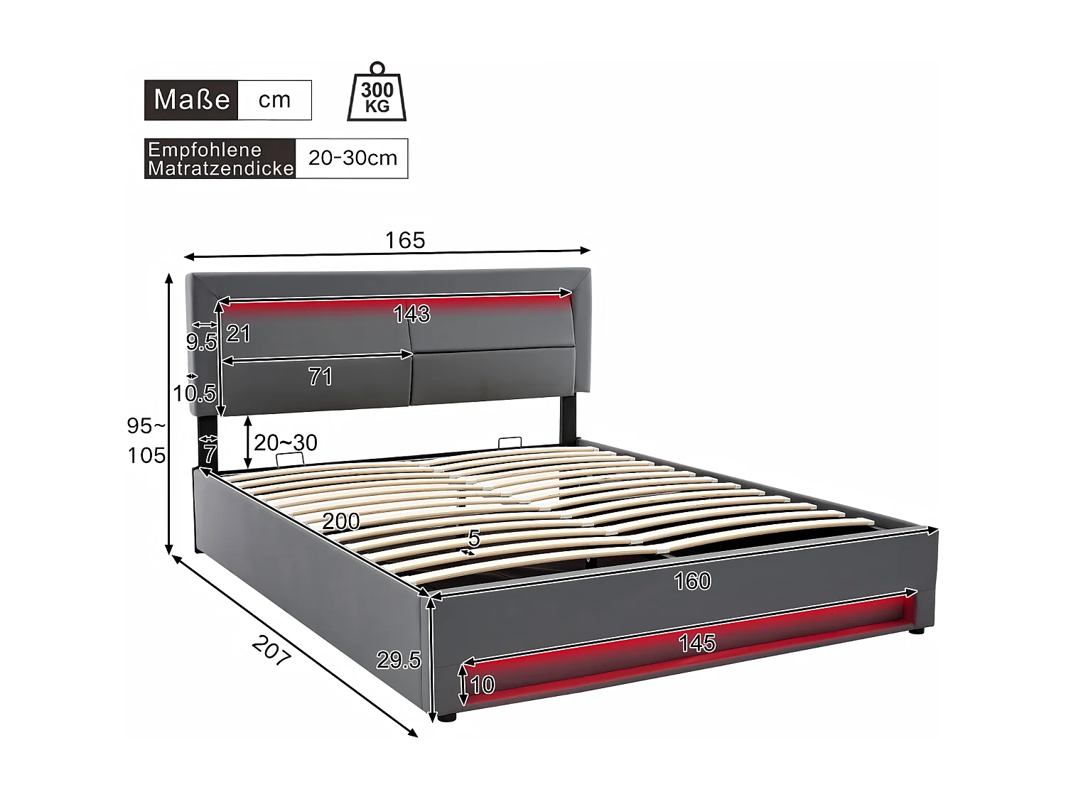 160x200 cm gepolstertes Brustbett mit LEDs und USB/Typ-C-Lastanschluss, drahtlose Ladung, Lattenboxfeder, grau