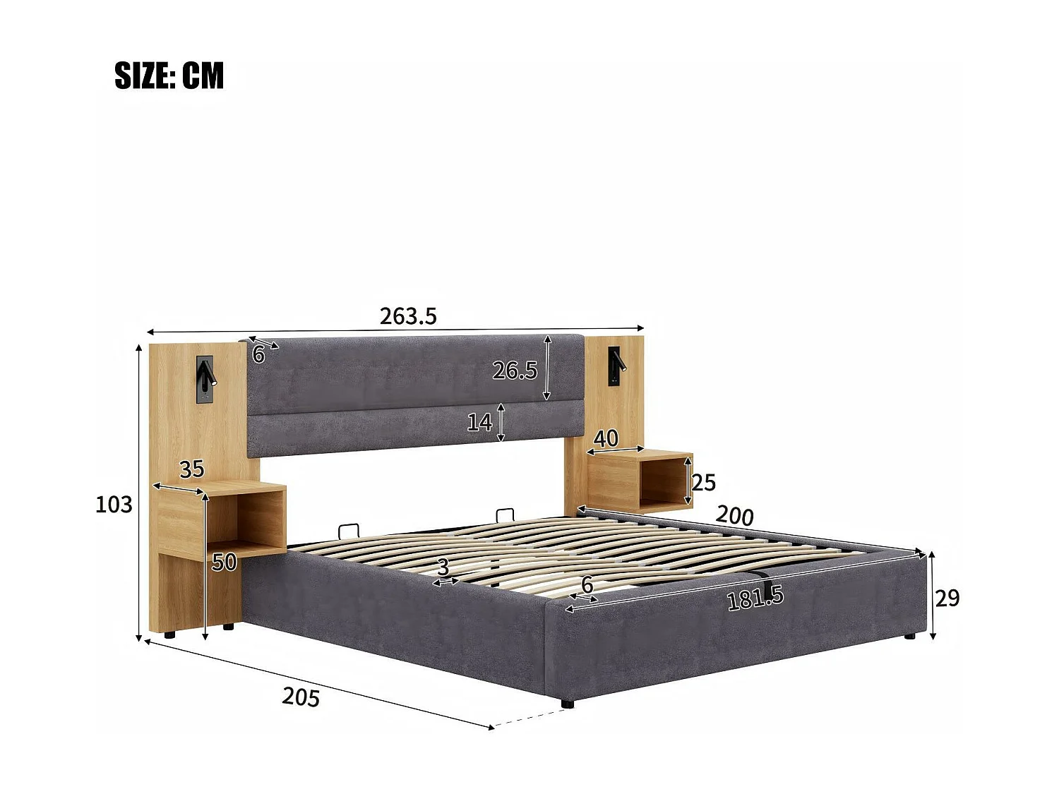 Lit coffre hydraulique 180x200cm, en velours, avec tables de chevet, LED et ports de USB, Gris
