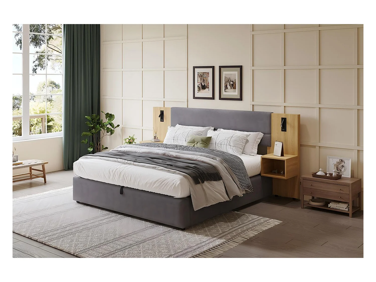 Lit coffre hydraulique 180x200cm, en velours, avec tables de chevet, LED et ports de USB, Gris