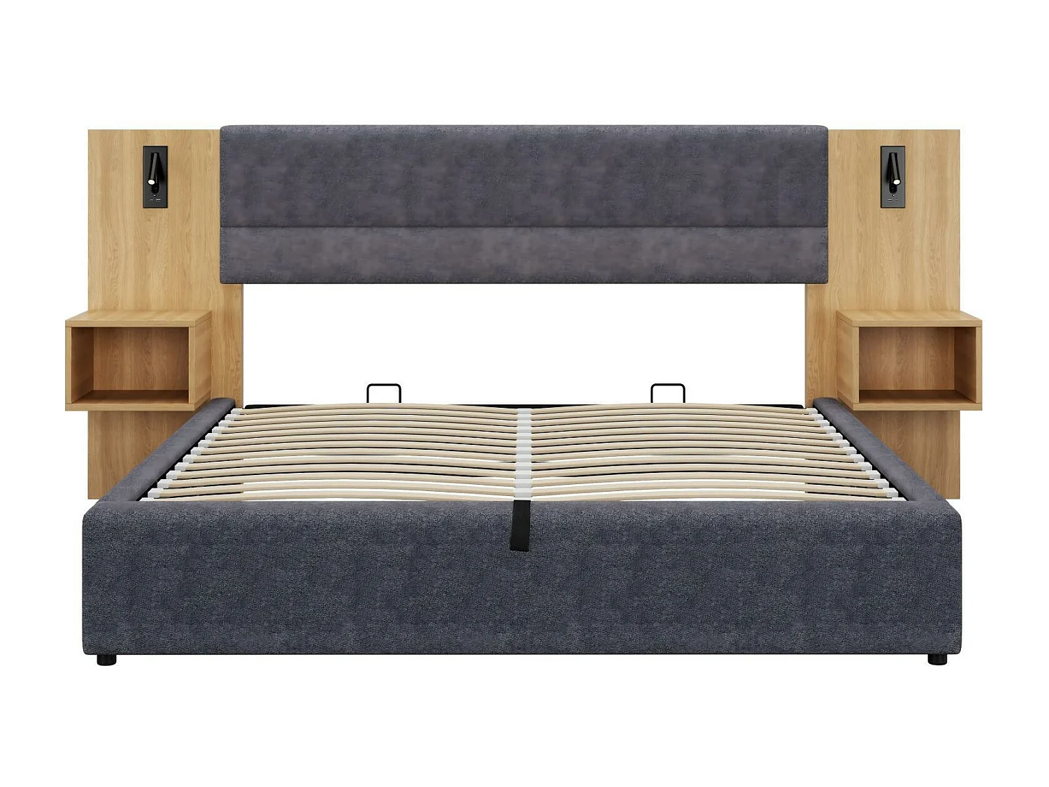 Letto idraulico del toracano 180x200 cm, in velluto, con comodini, LED e USB, porte grigie