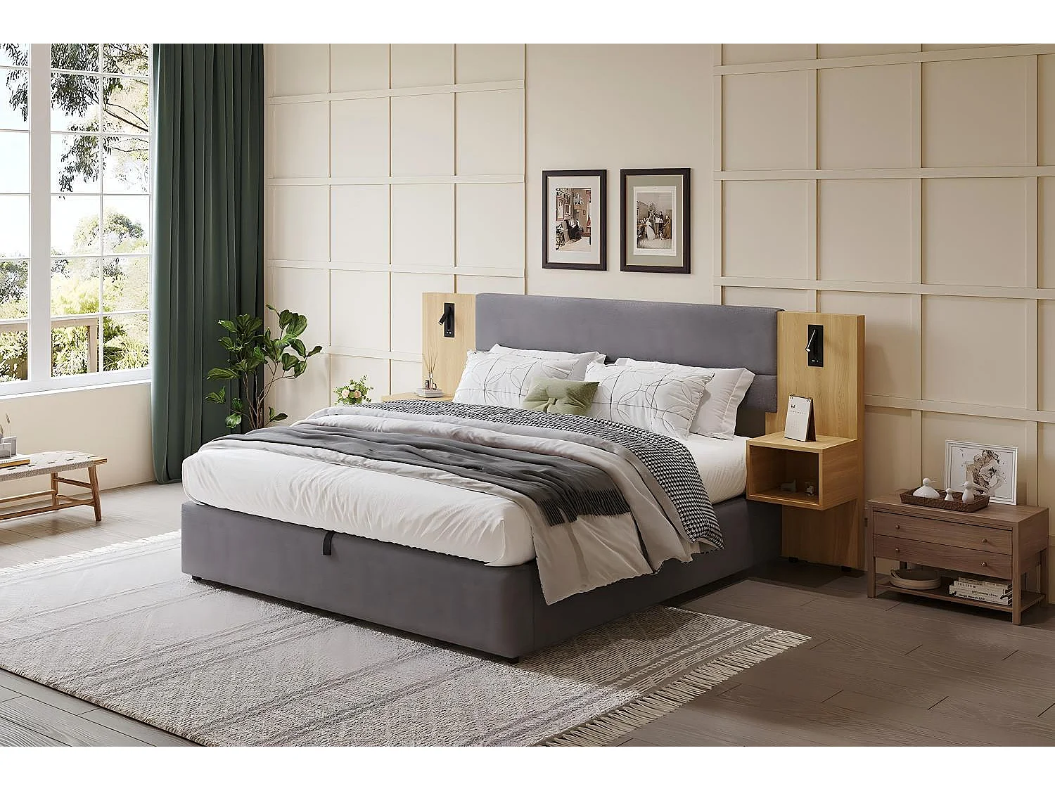 Letto idraulico del toracano 180x200 cm, in velluto, con comodini, LED e USB, porte grigie