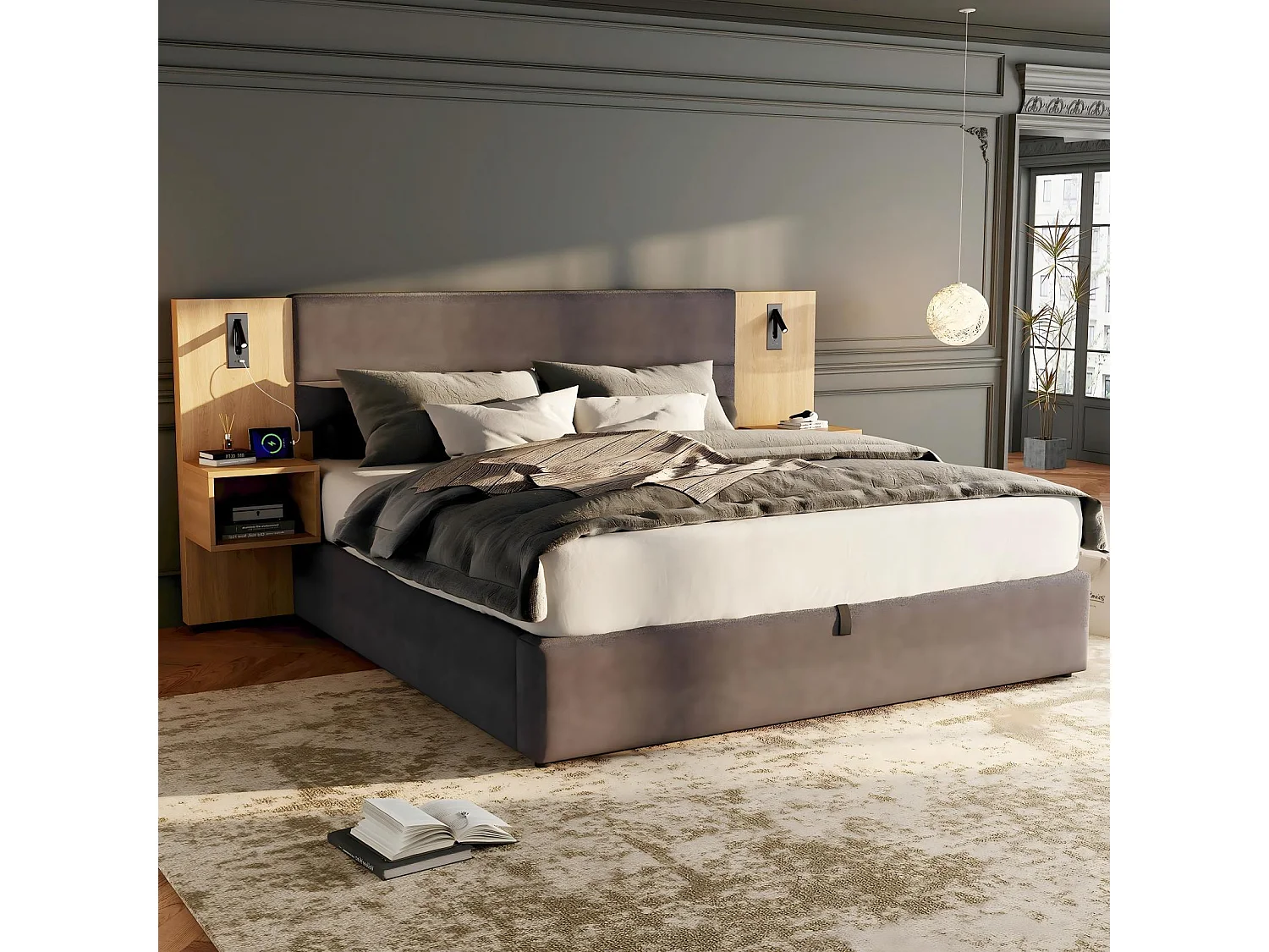 Letto idraulico del toracano 180x200 cm, in velluto, con comodini, LED e USB, porte grigie