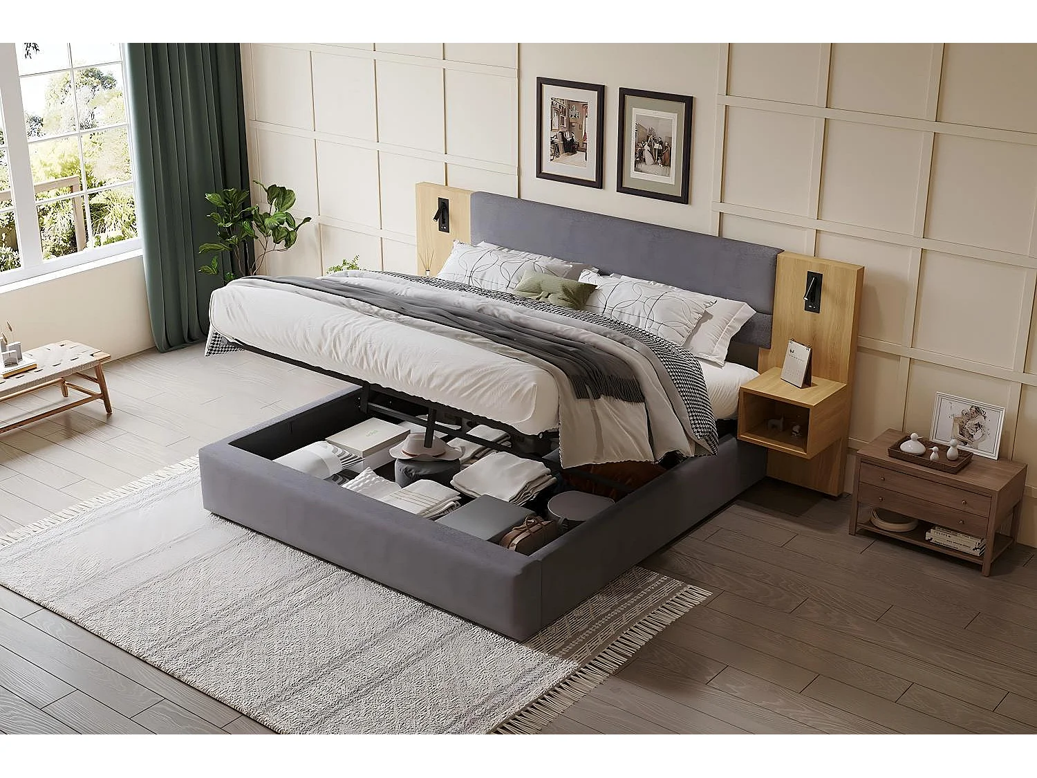 Letto idraulico del toracano 180x200 cm, in velluto, con comodini, LED e USB, porte grigie