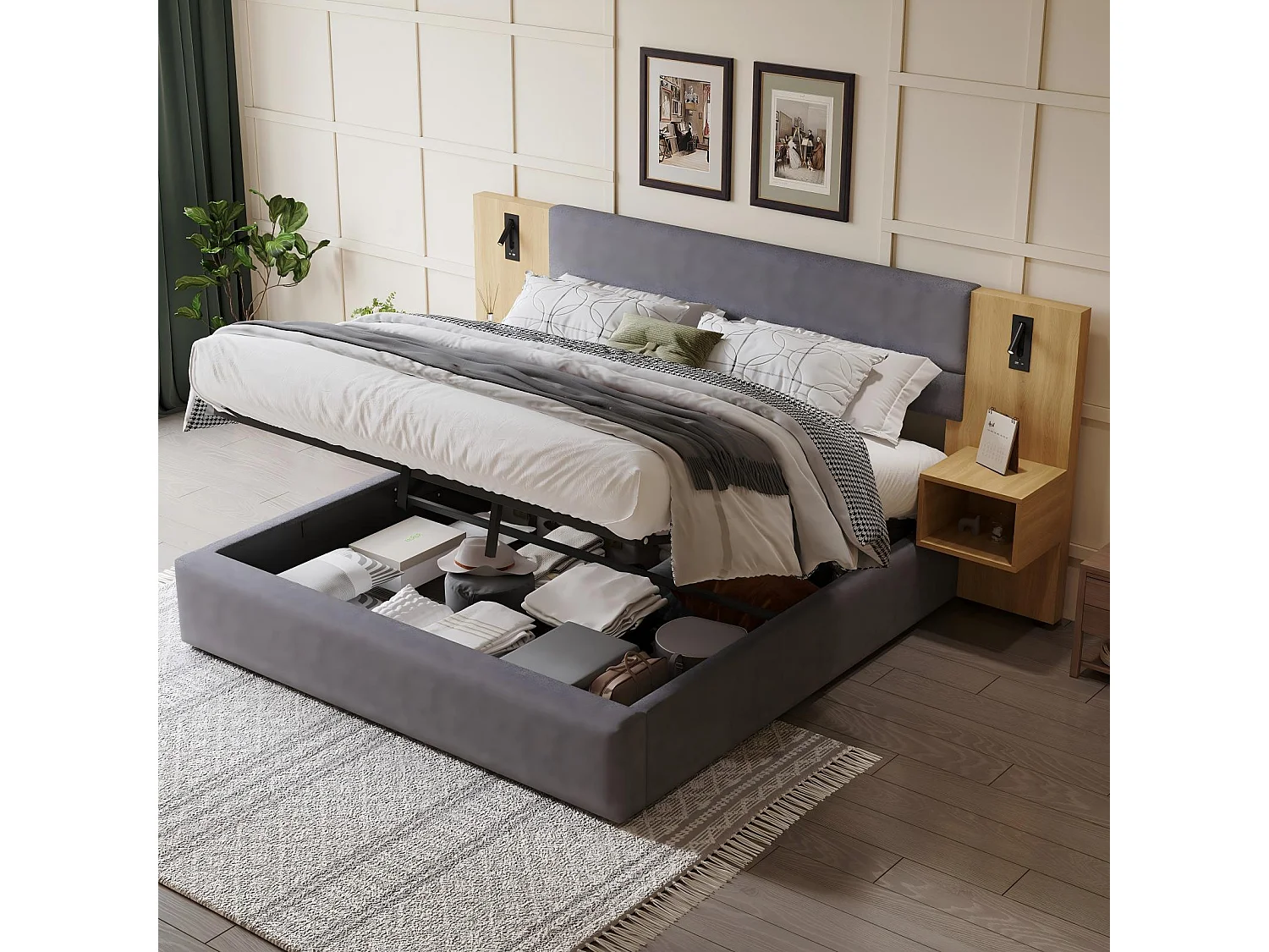 Letto idraulico del toracano 180x200 cm, in velluto, con comodini, LED e USB, porte grigie