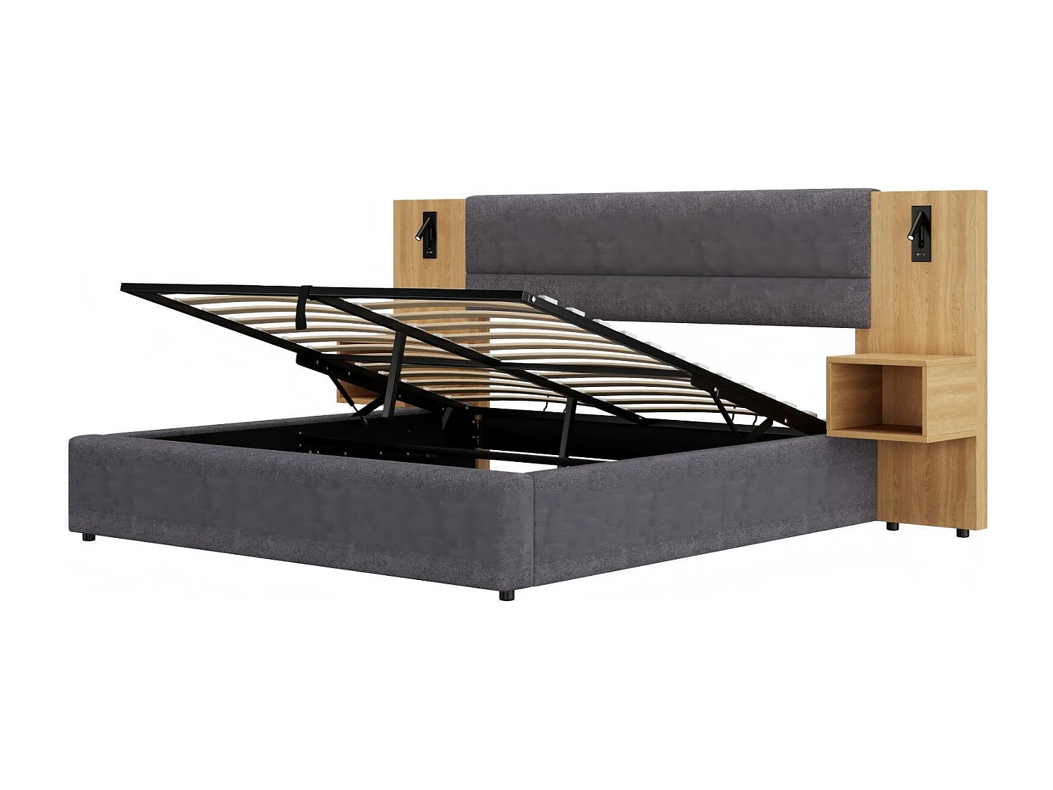 180x200cm hydraulisch borstbed, in fluweel, met nachtkastafels, LED's en USB, grijze poorten