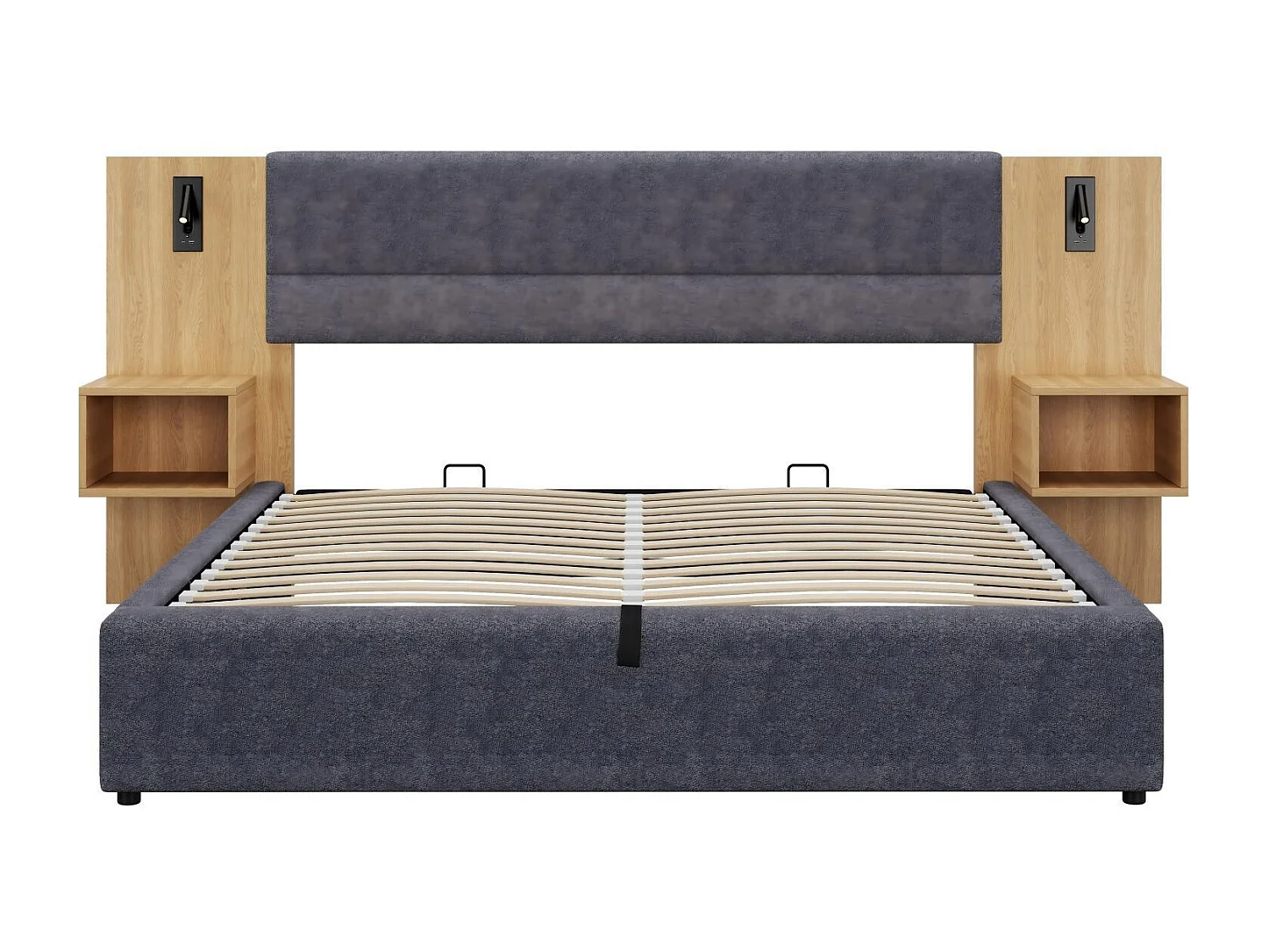 180x200cm hydraulisch borstbed, in fluweel, met nachtkastafels, LED's en USB, grijze poorten