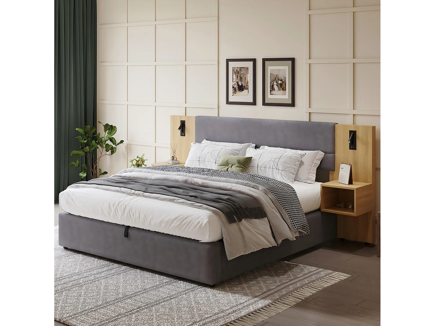 180x200cm hydraulisch borstbed, in fluweel, met nachtkastafels, LED's en USB, grijze poorten