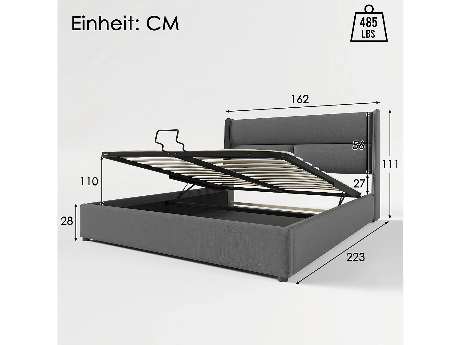 Linn Brustbett mit Matratzen, lattesboxfeder und einstellbare Kopfstütze, 160 x 200 cm, grau
