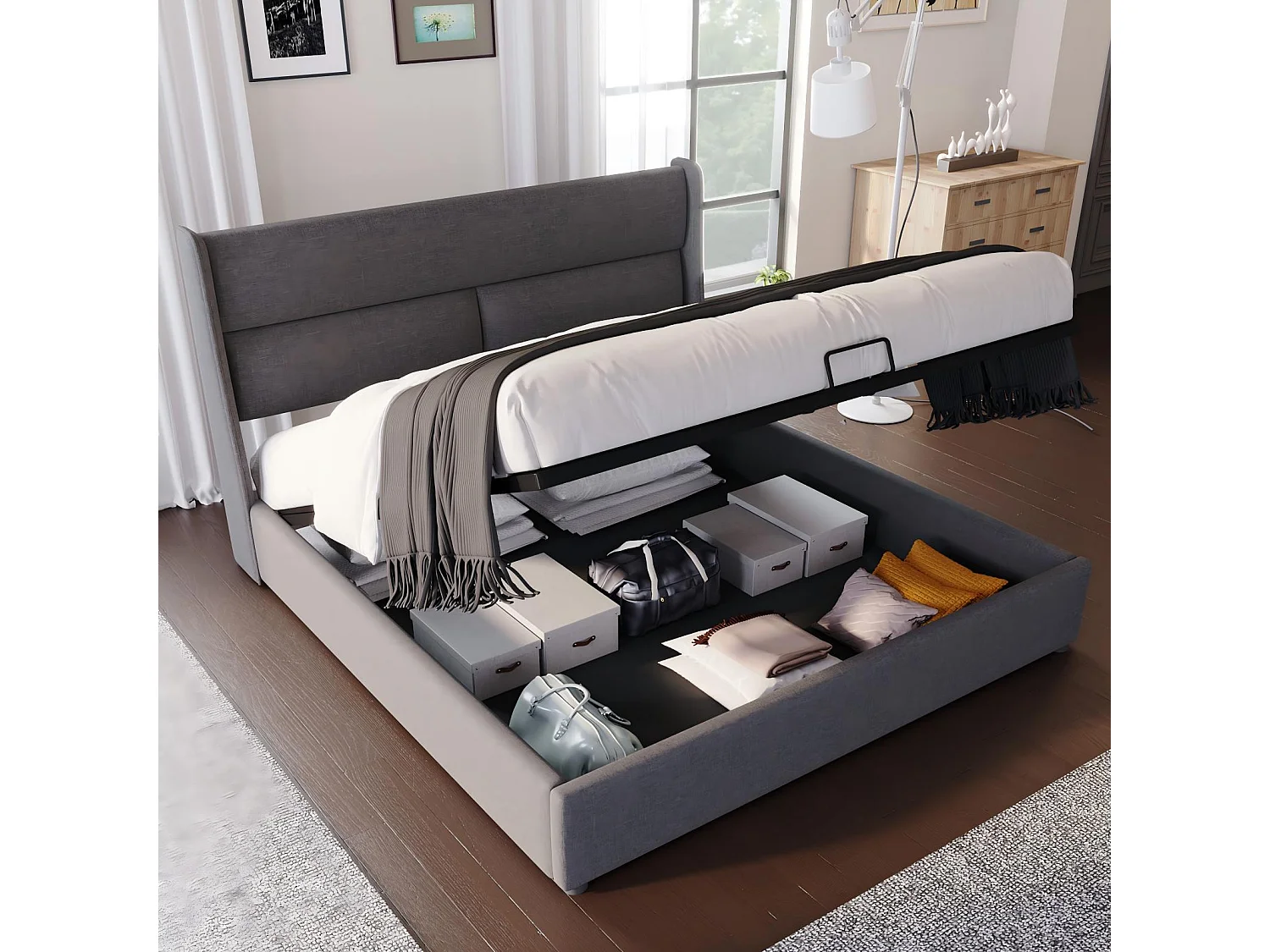 Linn Brustbett mit Matratzen, lattesboxfeder und einstellbare Kopfstütze, 160 x 200 cm, grau