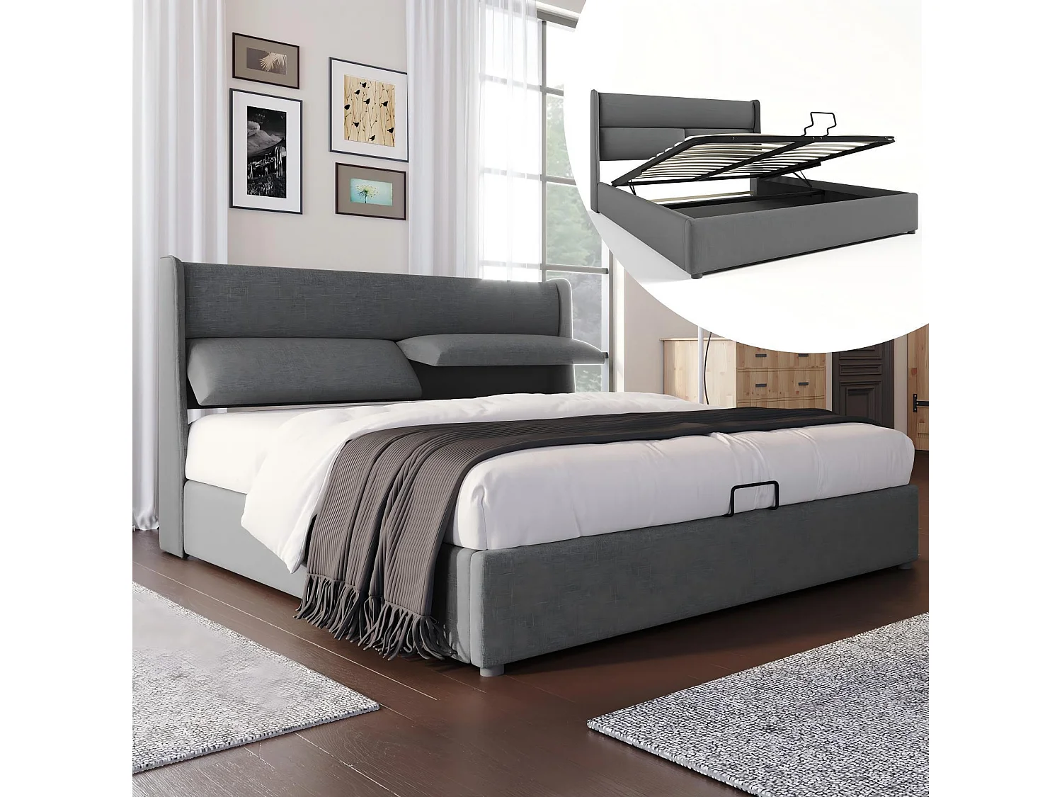 Lit coffre en lin avec matelas, sommier à lattes et appuie-tête réglable, 160x200cm, Gris
