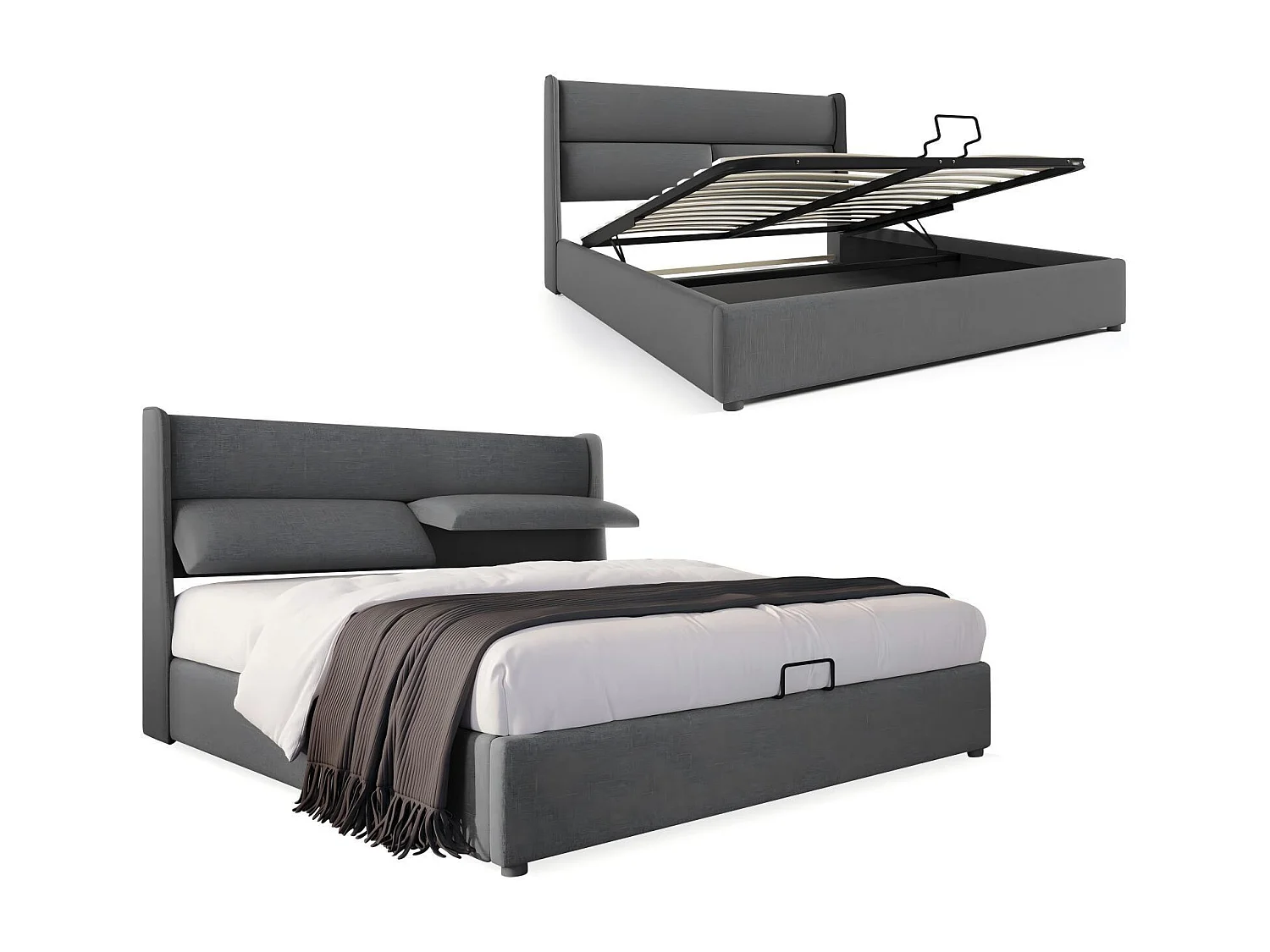 Lit coffre en lin avec matelas, sommier à lattes et appuie-tête réglable, 160x200cm, Gris