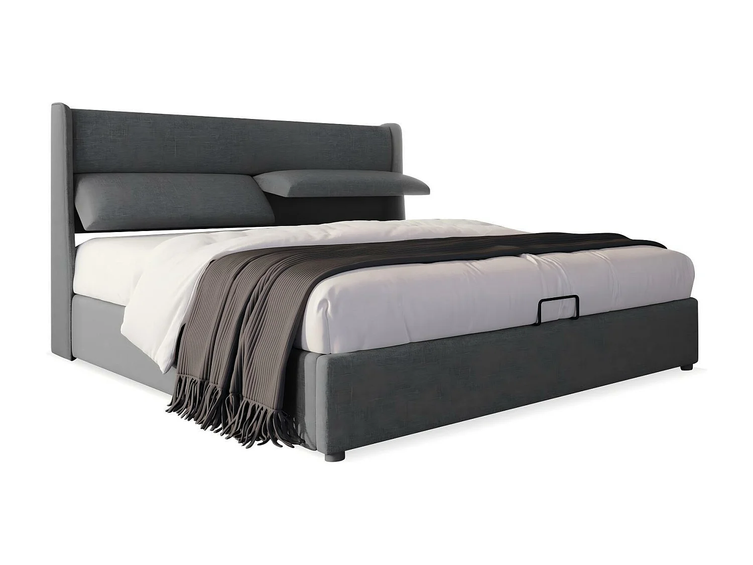 Lit coffre en lin avec matelas, sommier à lattes et appuie-tête réglable, 160x200cm, Gris