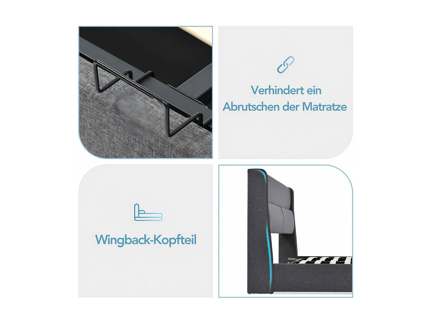 Lit coffre en lin avec matelas, sommier à lattes et appuie-tête réglable, 160x200cm, Gris