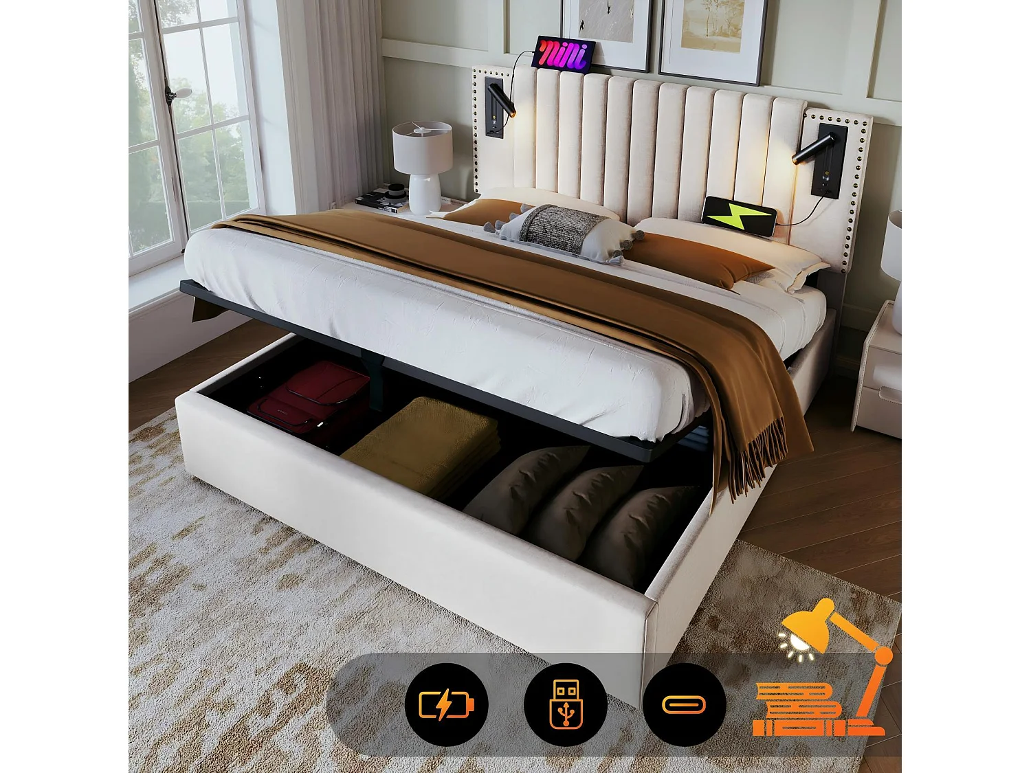 Cassa in tessuto di cotone 160x200cm + materasso, testiera regolabile, con lampada di lettura e porta di carico, beige