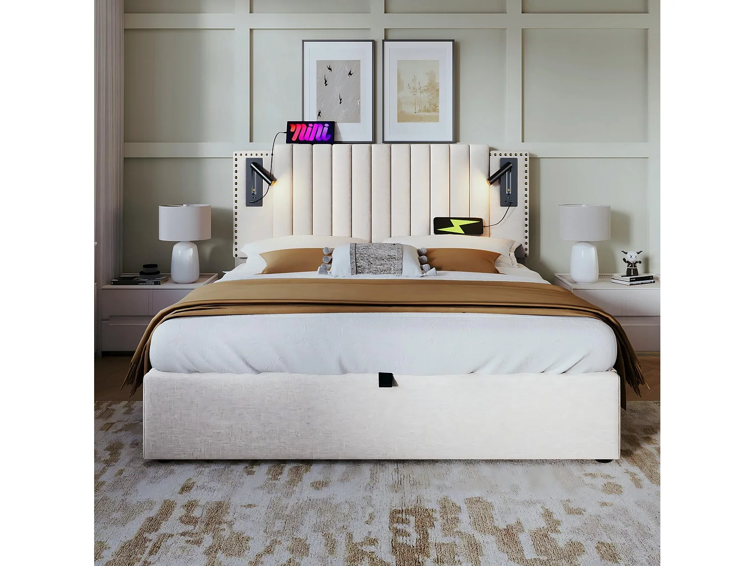 Cassa in tessuto di cotone 160x200cm + materasso, testiera regolabile, con lampada di lettura e porta di carico, beige