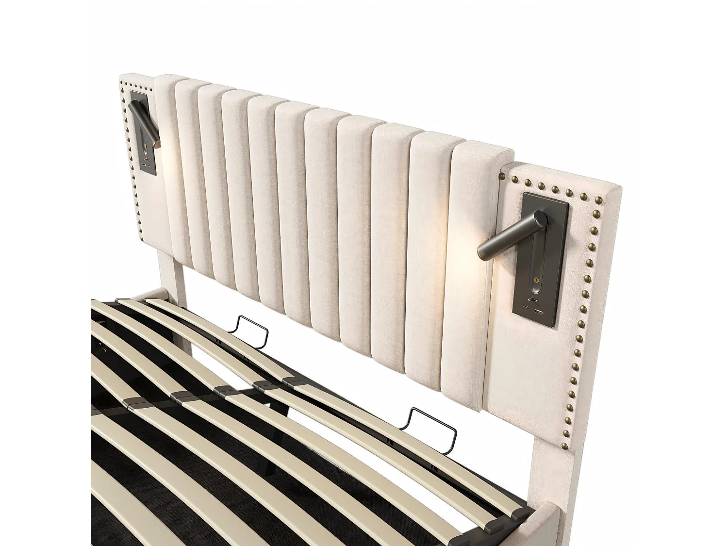 Opbergbed van katoenen stof 160x200cm + Matras, verstelbare hoofdeinde, met leeslamp en oplaadpoort, Beige