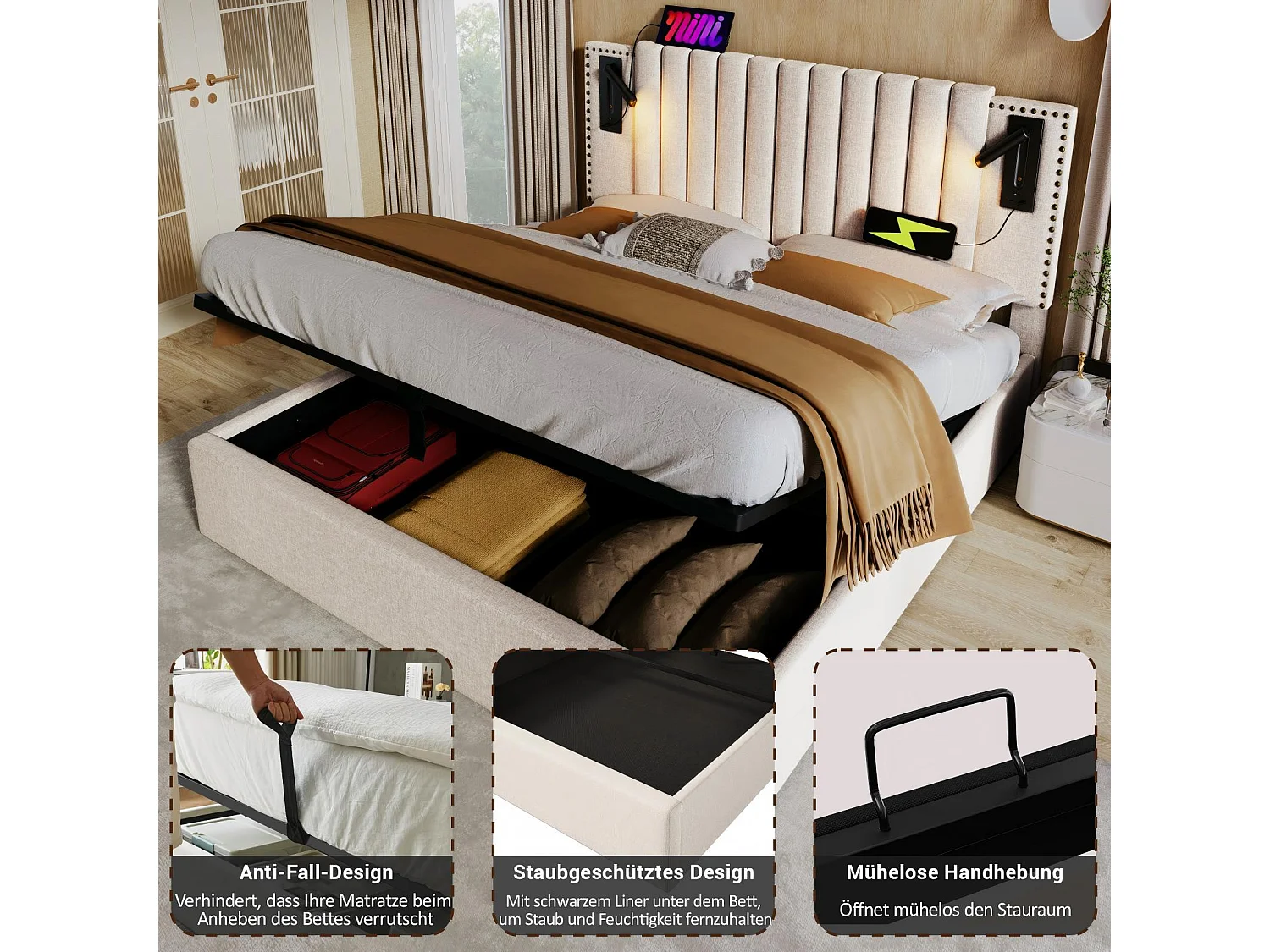 Opbergbed van katoenen stof 160x200cm + Matras, verstelbare hoofdeinde, met leeslamp en oplaadpoort, Beige