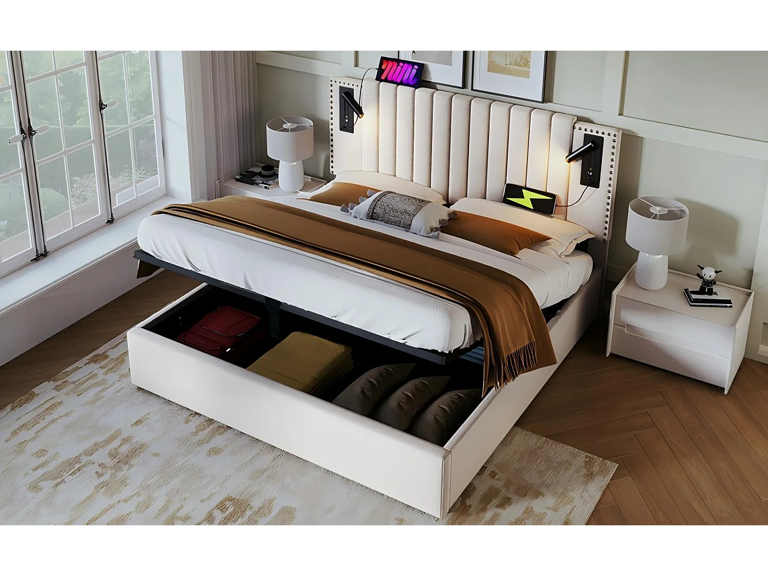 Opbergbed van katoenen stof 160x200cm + Matras, verstelbare hoofdeinde, met leeslamp en oplaadpoort, Beige