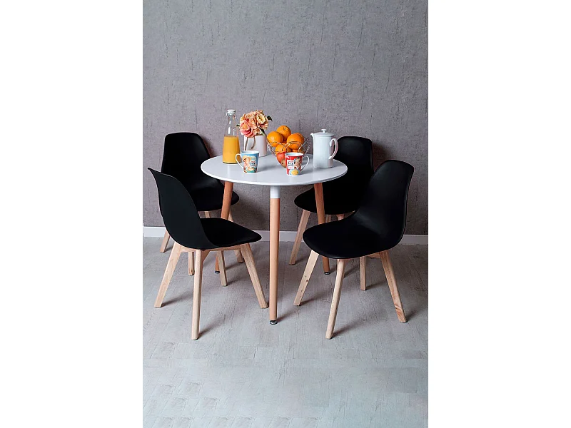 Descuento extra - Conjunto Mesa Tower Redonda 80 cm Blanca y Pack 4 Sillas Kelen - Negro