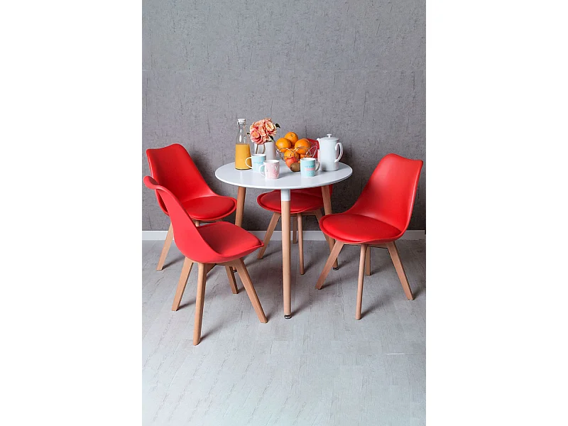Descuento extra - Conjunto Mesa Tower Redonda 80 cm Blanca y Pack 4 Sillas Synk Basic - Rojo